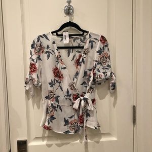 Papermoon White Floral Wrap Blouse with Rust & Navy Accents